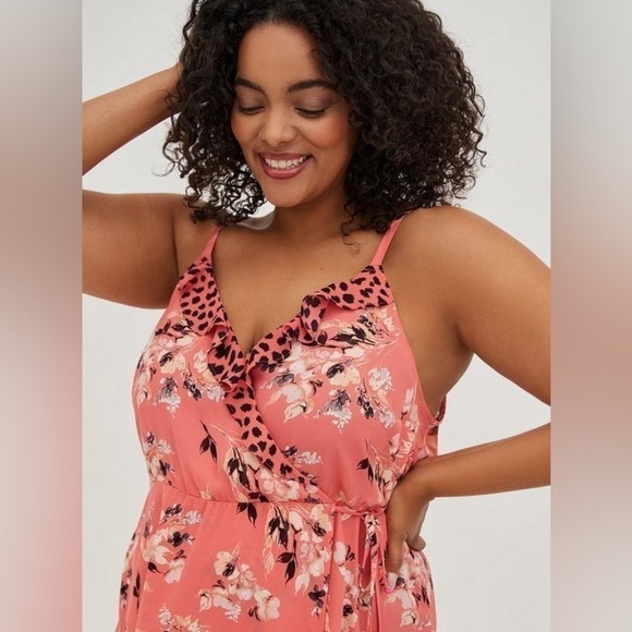 Torrid Coral Georgette Ruffle Front Floral Animal Print Adjustable Cami - Picture 2 of 11
